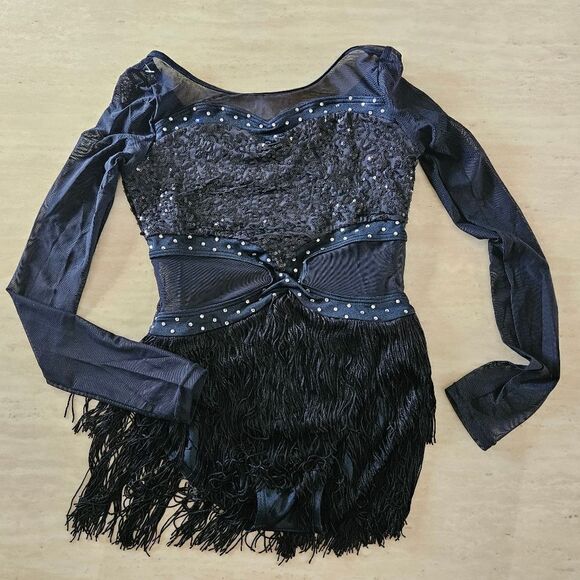Weissman catalog NWOT child large black mesh sequin fringe costume jazz tap solo - Picture 1 of 9